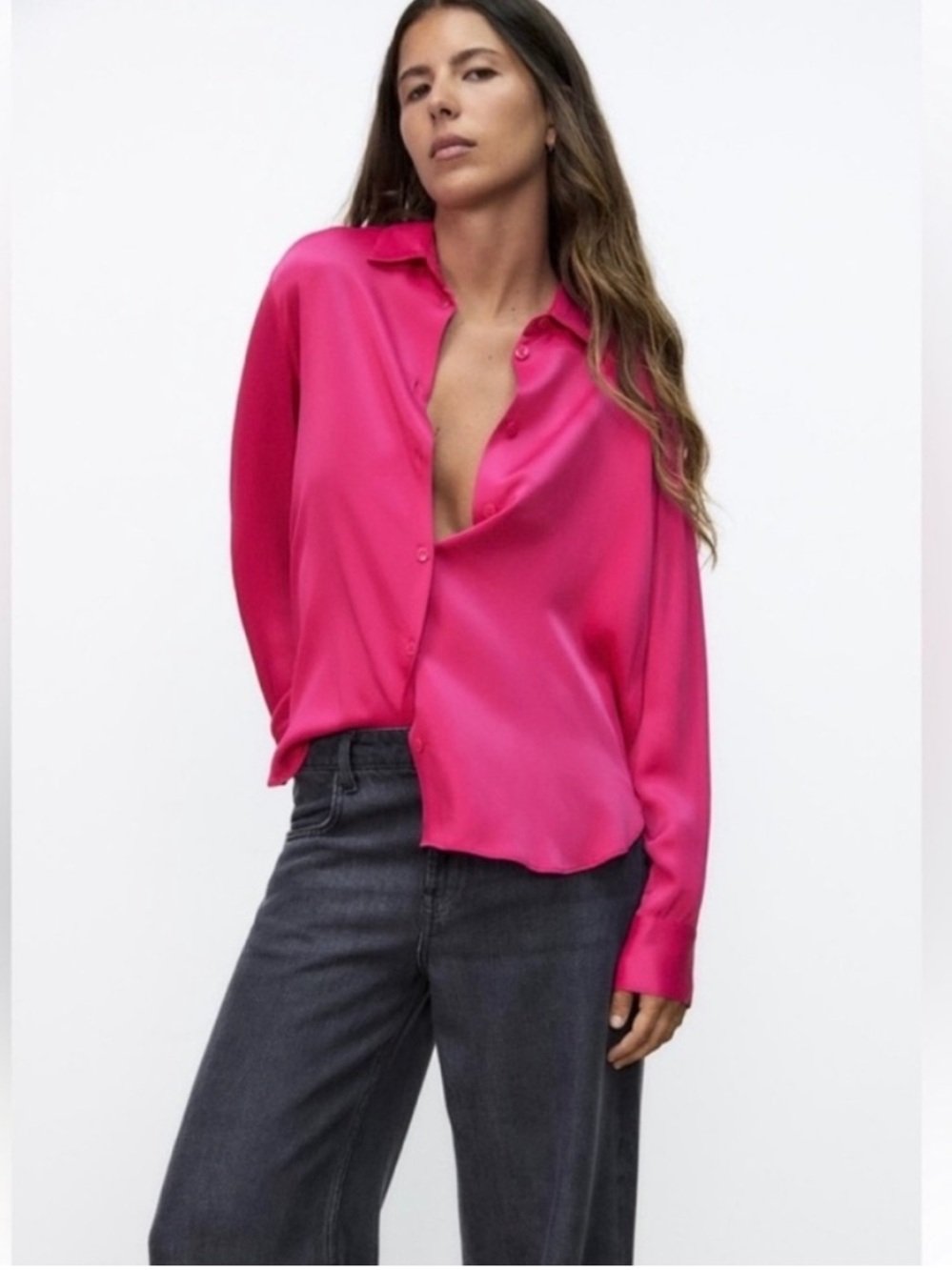 Zara Satin Button-Down Blouse in Bright Fuchsia NWOT